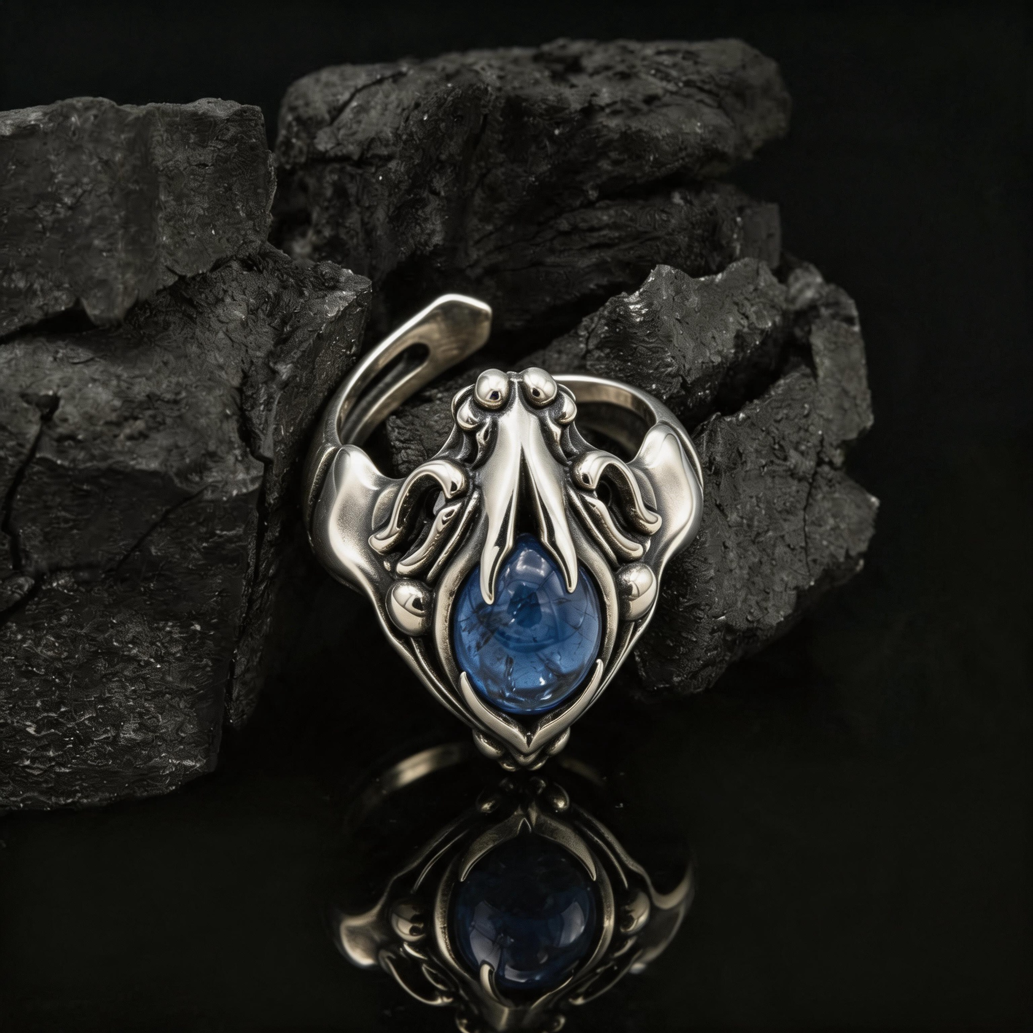 Yuuzo 925 Japan Blue Eye Stone Ring • Gothic Flame Frame Adjustable Ring, Dark Fantasy Statement Jewelry for Unisex