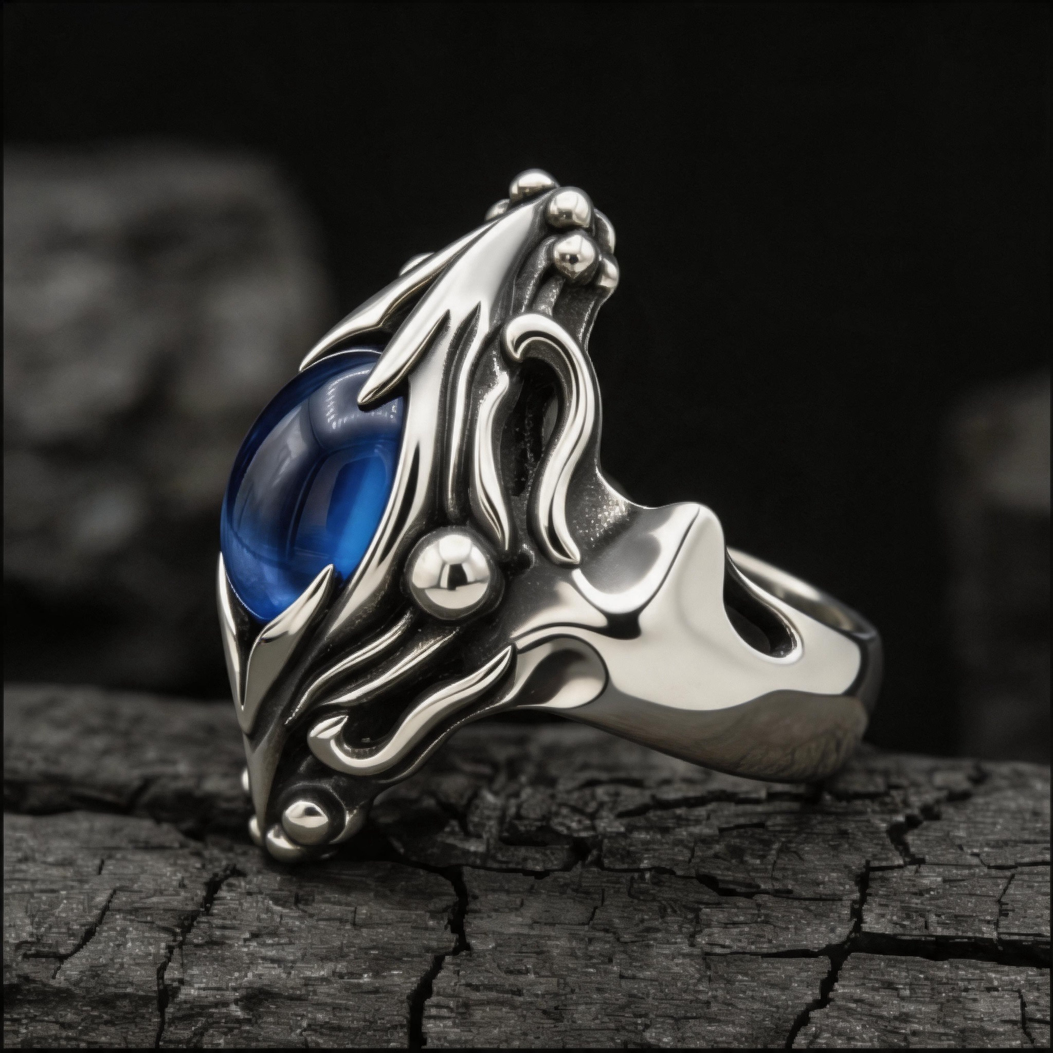 Yuuzo 925 Japan Blue Eye Stone Ring • Gothic Flame Frame Adjustable Ring, Dark Fantasy Statement Jewelry for Unisex