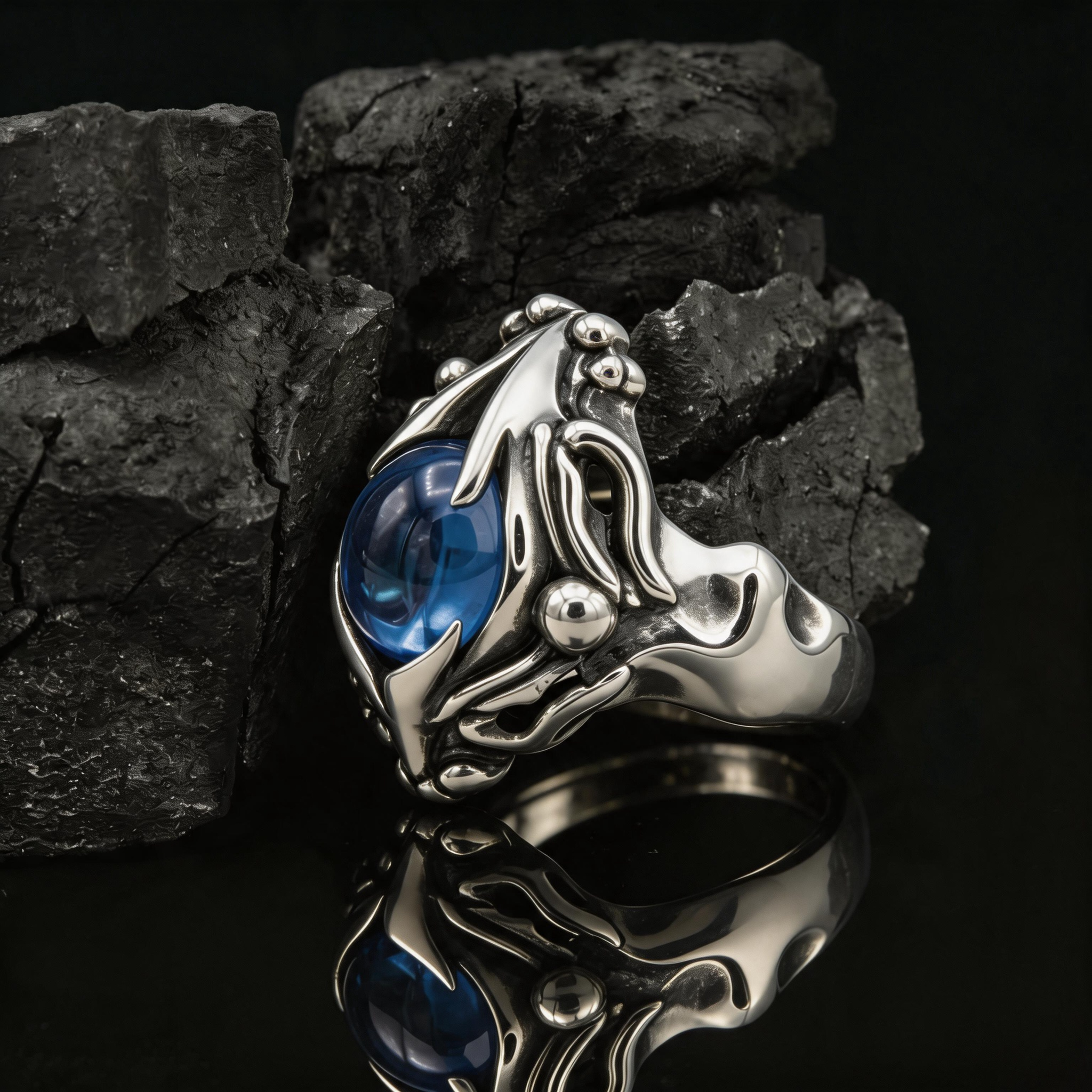 Yuuzo 925 Japan Blue Eye Stone Ring • Gothic Flame Frame Adjustable Ring, Dark Fantasy Statement Jewelry for Unisex