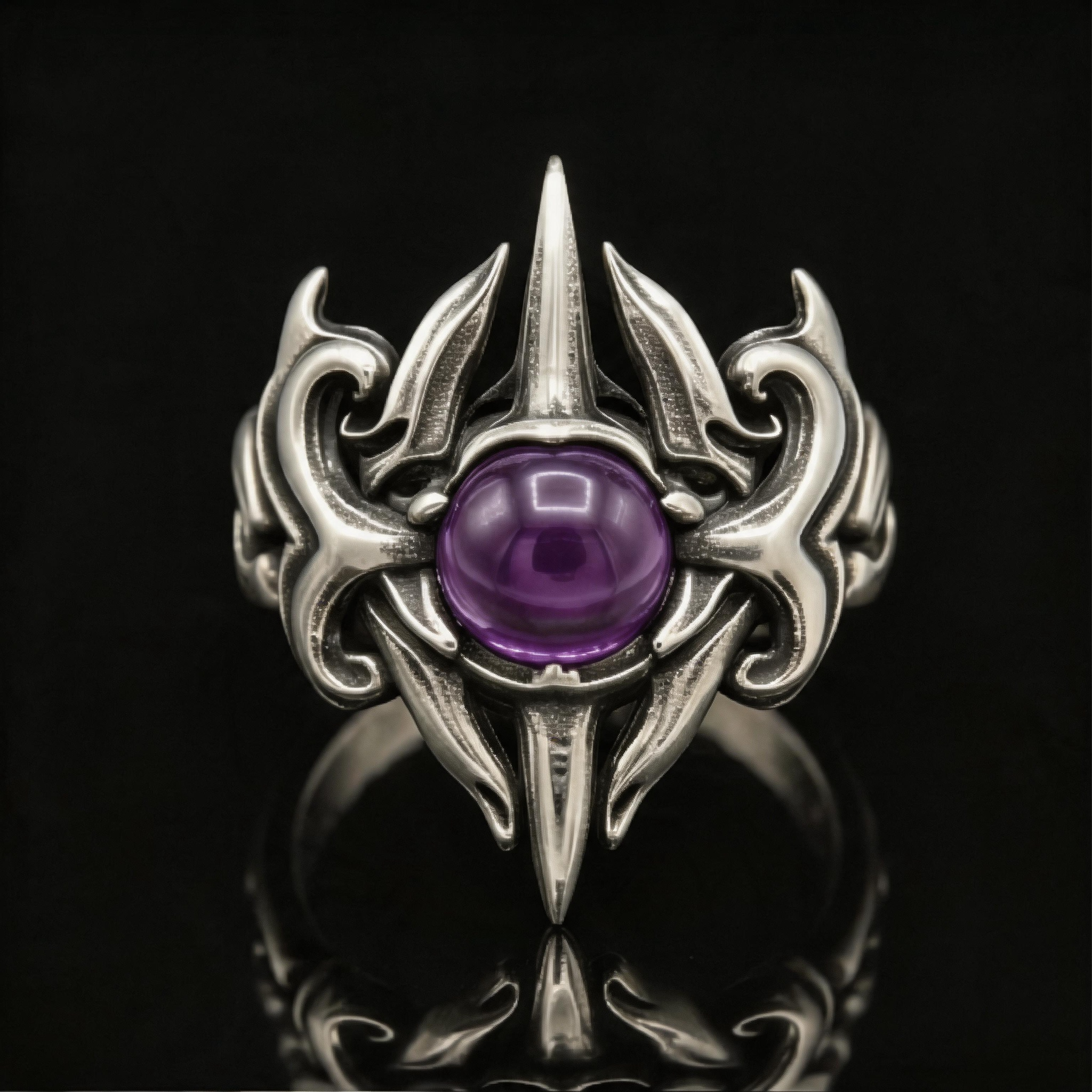 Yuuzo 925 Japan Purple Stone Gothic Ring for Women Men, Witchcore Dark Fantasy Adjustable Statement Ring, Vintage Punk Y2K Jewelry, Streetwear Outfit Accessories, Alternative Fashion Gift, Goth Style Daily Wear Ring