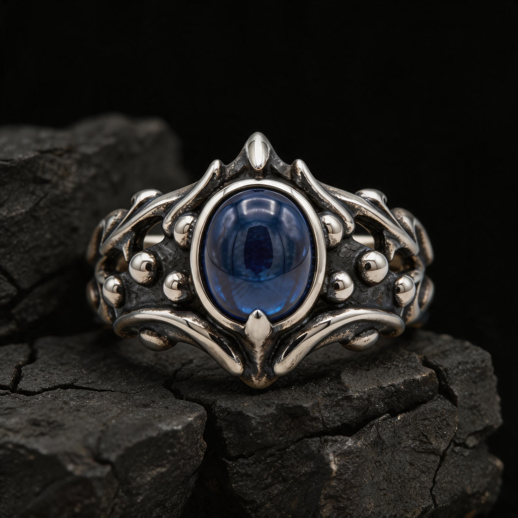 Yuuzo Dark Fantasy Blue Gem Ring, Gothic Punk Jewelry for Women Men, Y2K Alternative Fashion Ring, Adjustable Streetwear Accessories, Cool Goth Style Gift