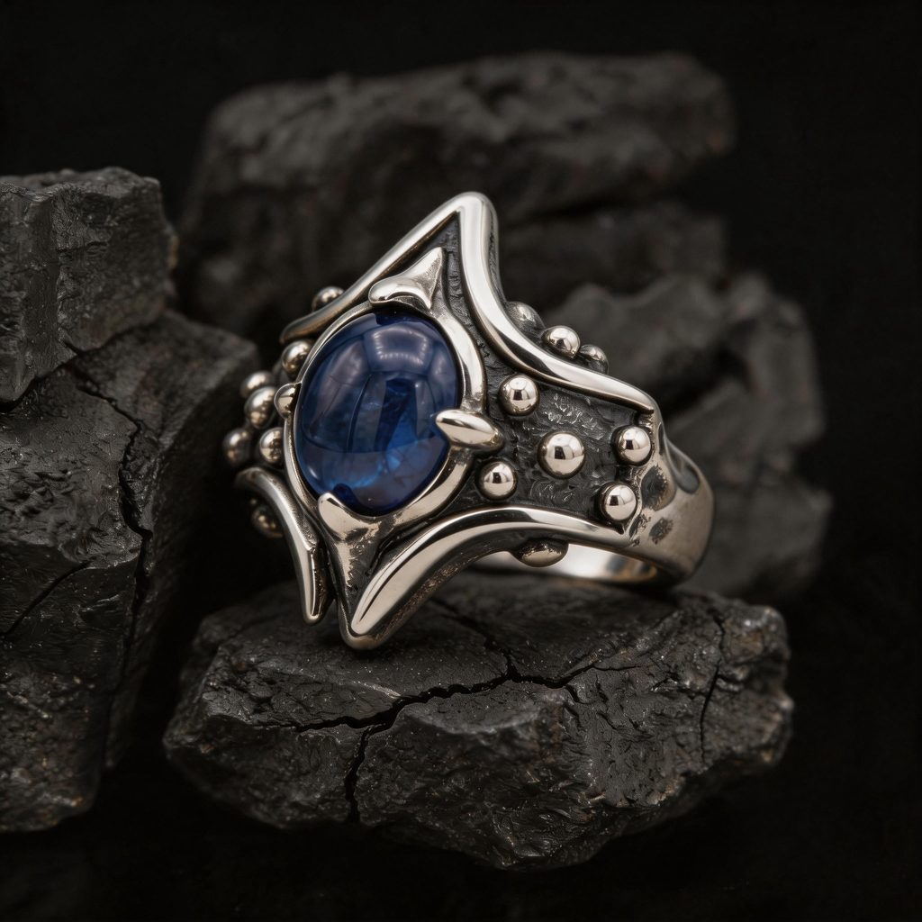 Yuuzo Dark Fantasy Blue Gem Ring, Gothic Punk Jewelry for Women Men, Y2K Alternative Fashion Ring, Adjustable Streetwear Accessories, Cool Goth Style Gift
