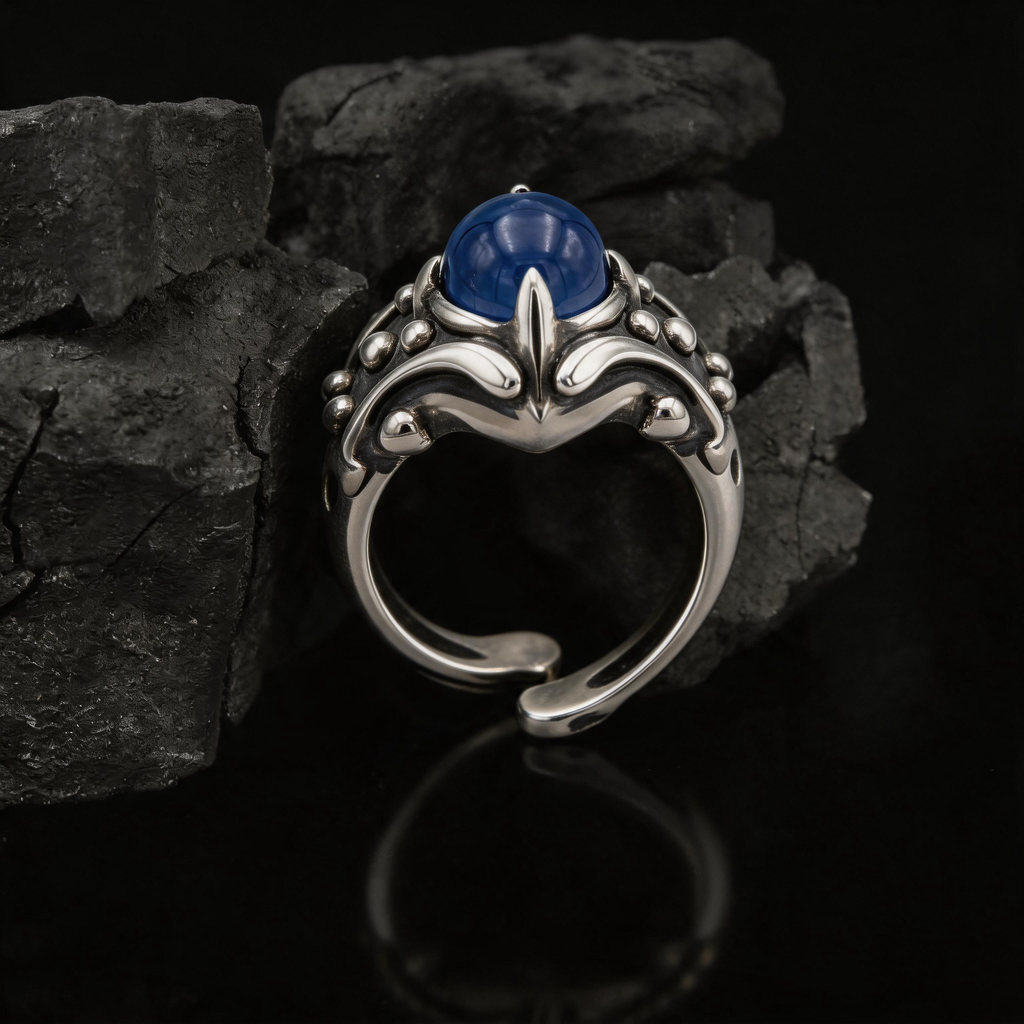Yuuzo Dark Fantasy Blue Gem Ring, Gothic Punk Jewelry for Women Men, Y2K Alternative Fashion Ring, Adjustable Streetwear Accessories, Cool Goth Style Gift