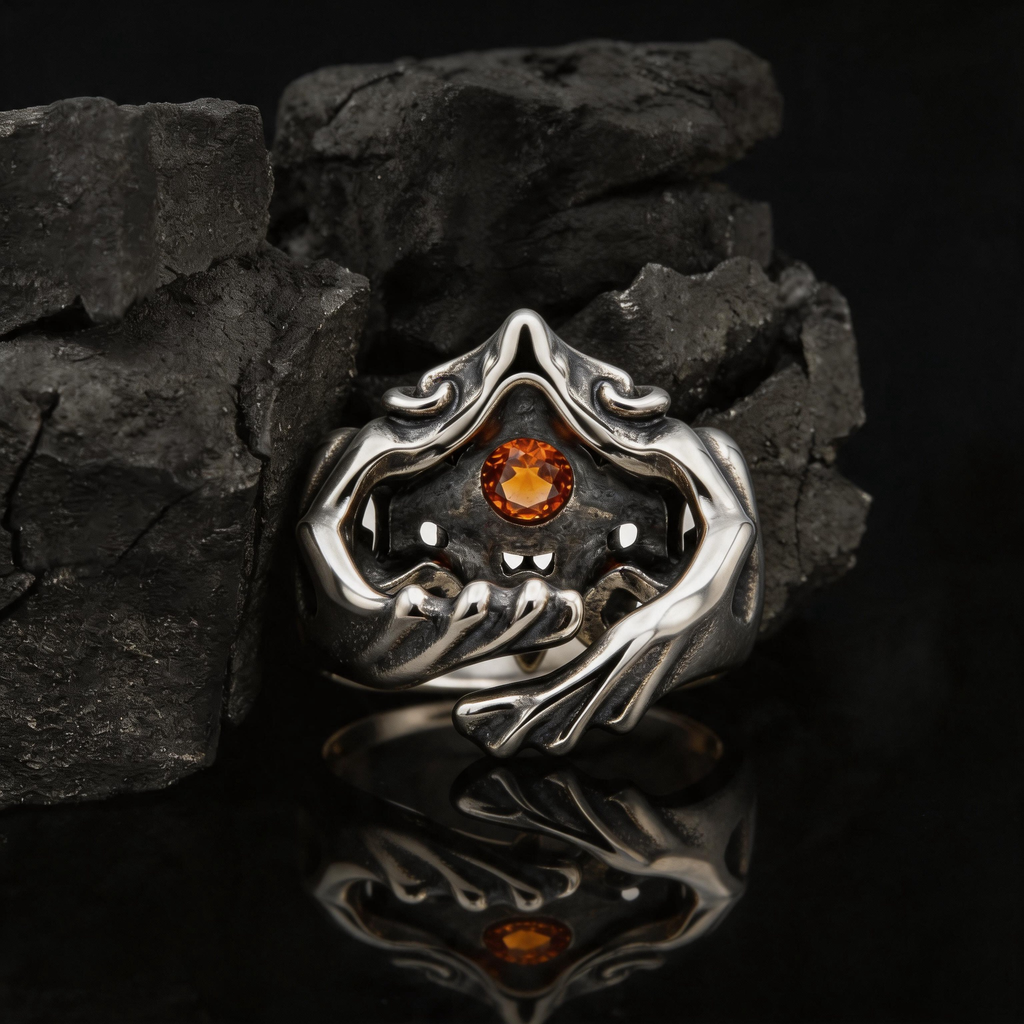 Yuuzo Amber Gem Gothic Ring, Dark Aesthetic Adjustable Jewelry for Women Men, Vintage Punk Ring, Y2K Alternative Fashion Accessories, Goth Outfit Statement Ring