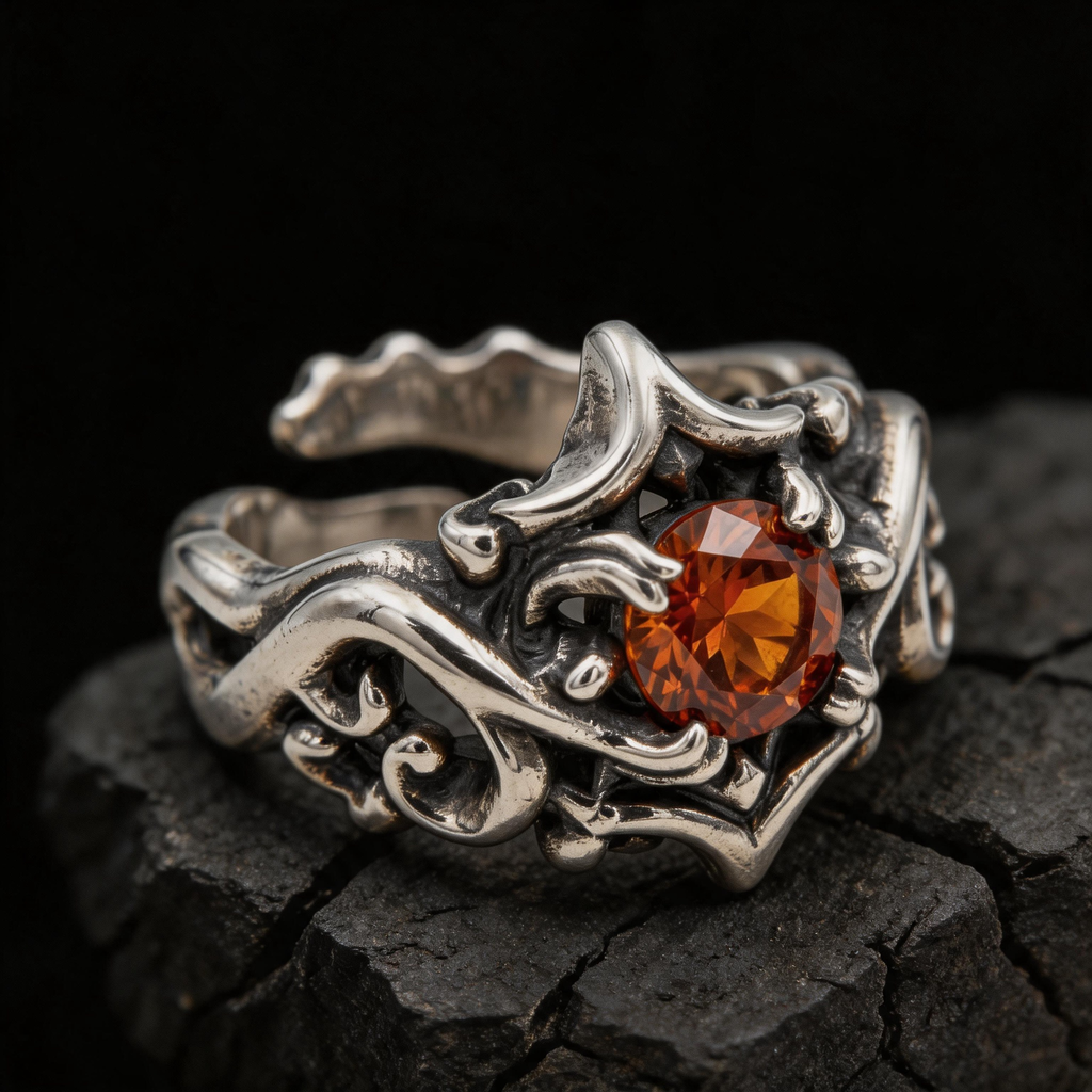 Yuuzo Amber Gem Gothic Ring, Dark Aesthetic Adjustable Jewelry for Women Men, Vintage Punk Ring, Y2K Alternative Fashion Accessories, Goth Outfit Statement Ring