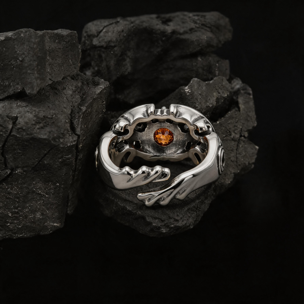 Yuuzo Amber Crystal Gothic Ring, Dark Aesthetic Adjustable Jewelry for Women Men, Vintage Punk Ring, Y2K Alternative Fashion Accessories, Goth Outfit Statement Ring