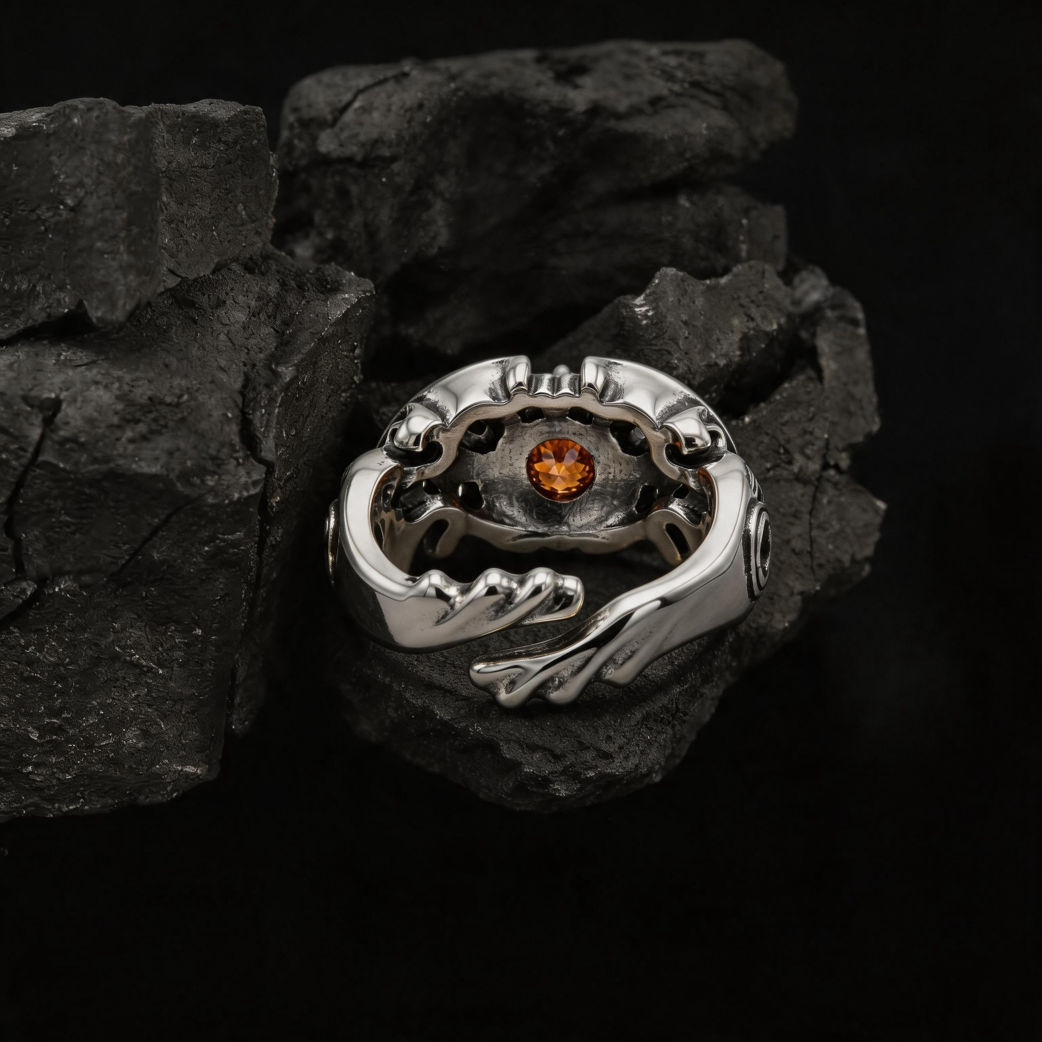 Yuuzo Amber Crystal Gothic Ring, Dark Aesthetic Adjustable Jewelry for Women Men, Vintage Punk Ring, Y2K Alternative Fashion Accessories, Goth Outfit Statement Ring