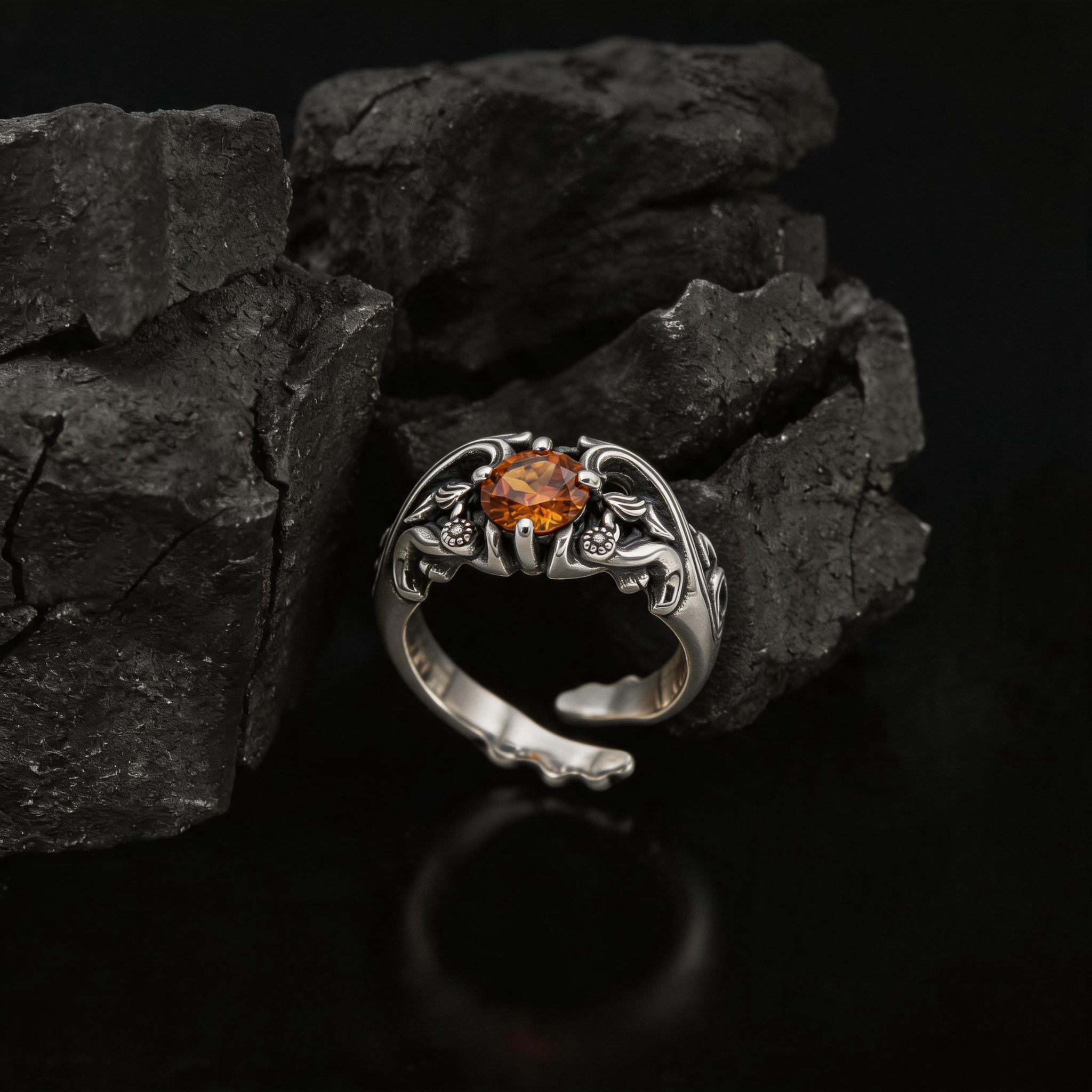 Yuuzo Amber Crystal Gothic Ring, Dark Aesthetic Adjustable Jewelry for Women Men, Vintage Punk Ring, Y2K Alternative Fashion Accessories, Goth Outfit Statement Ring