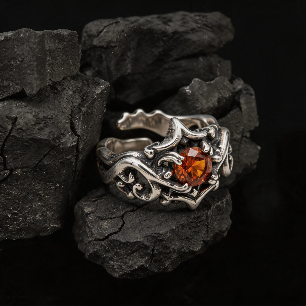 Yuuzo Amber Gem Gothic Ring, Dark Aesthetic Adjustable Jewelry for Women Men, Vintage Punk Ring, Y2K Alternative Fashion Accessories, Goth Outfit Statement Ring
