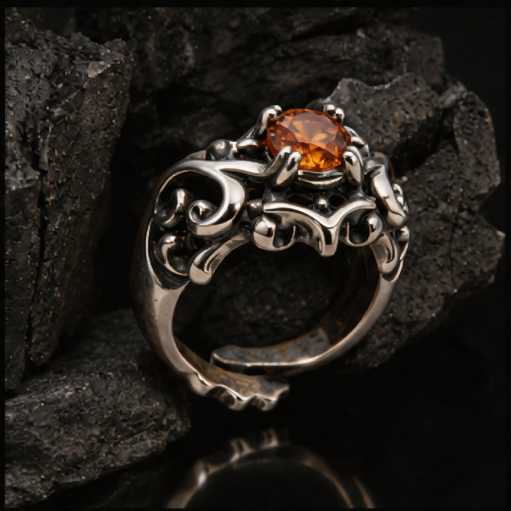 Yuuzo Amber Gem Gothic Ring, Dark Aesthetic Adjustable Jewelry for Women Men, Vintage Punk Ring, Y2K Alternative Fashion Accessories, Goth Outfit Statement Ring
