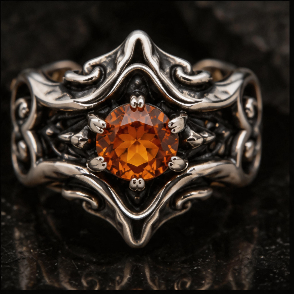 Yuuzo Amber Gem Gothic Ring, Dark Aesthetic Adjustable Jewelry for Women Men, Vintage Punk Ring, Y2K Alternative Fashion Accessories, Goth Outfit Statement Ring