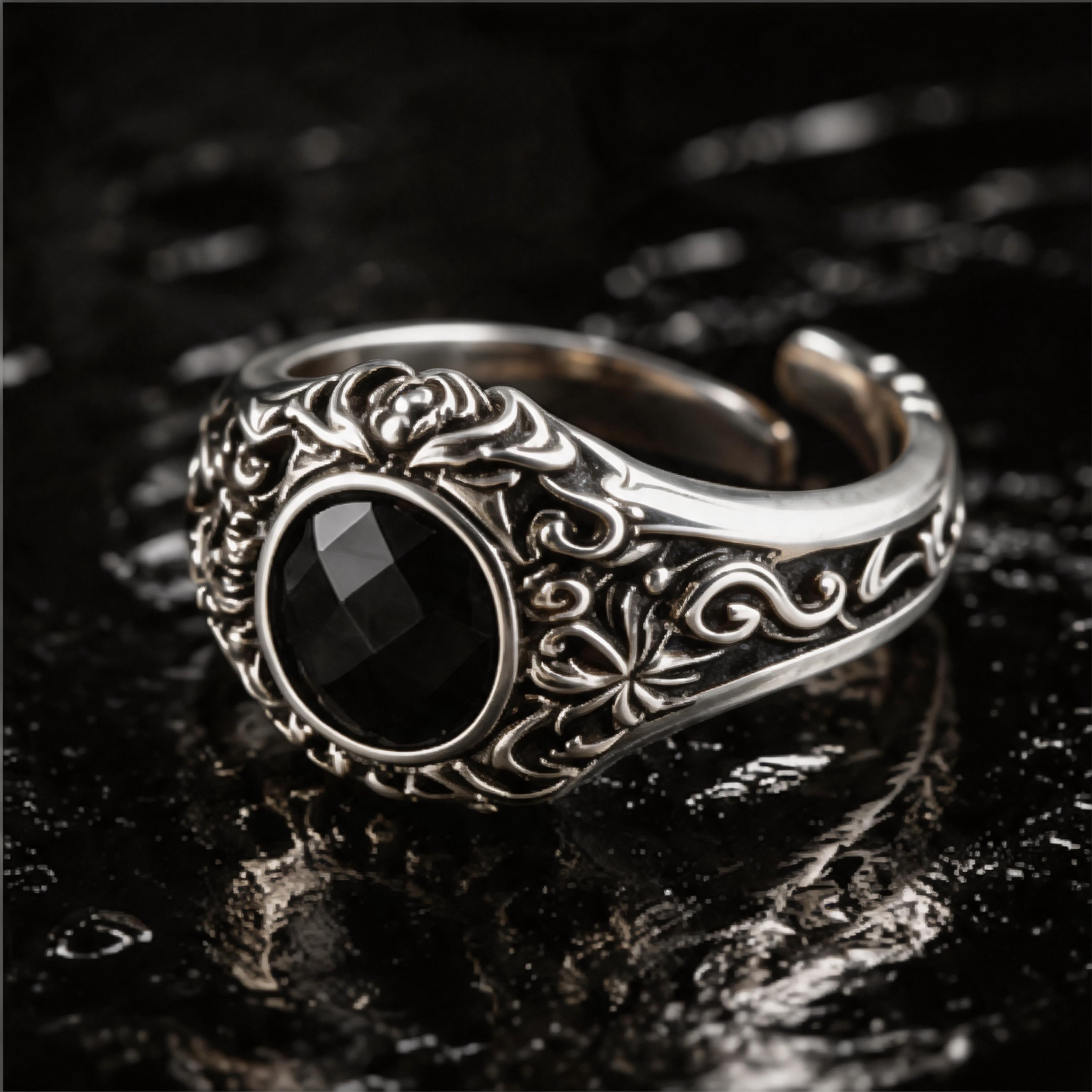 Yuuzo Black Gothic Gem Ring for Women Men, Vintage Punk Statement Ring, Dark Fantasy Jewelry, Adjustable Y2K Goth Accessories, Unisex Streetwear Fashion Ring Gift