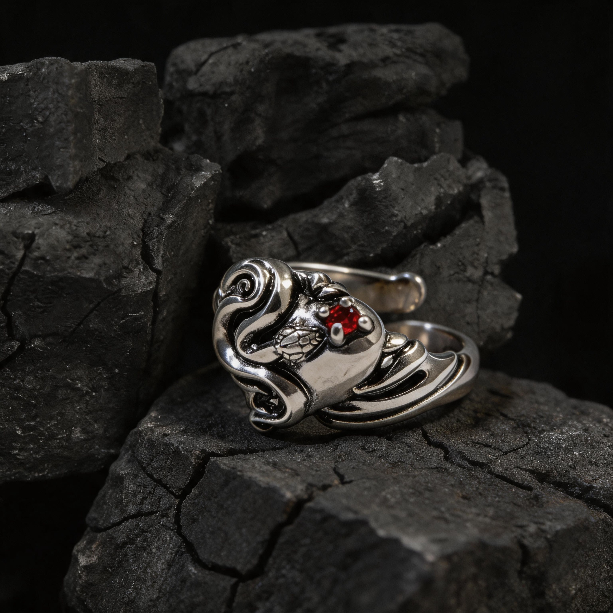 Yuuzo Red Gem Gothic Ring for Women, Vintage Snake Punk Jewelry, Dark Fantasy Adjustable Ring, Y2K Goth Aesthetic Accessories, Alternative Fashion Statement Ring