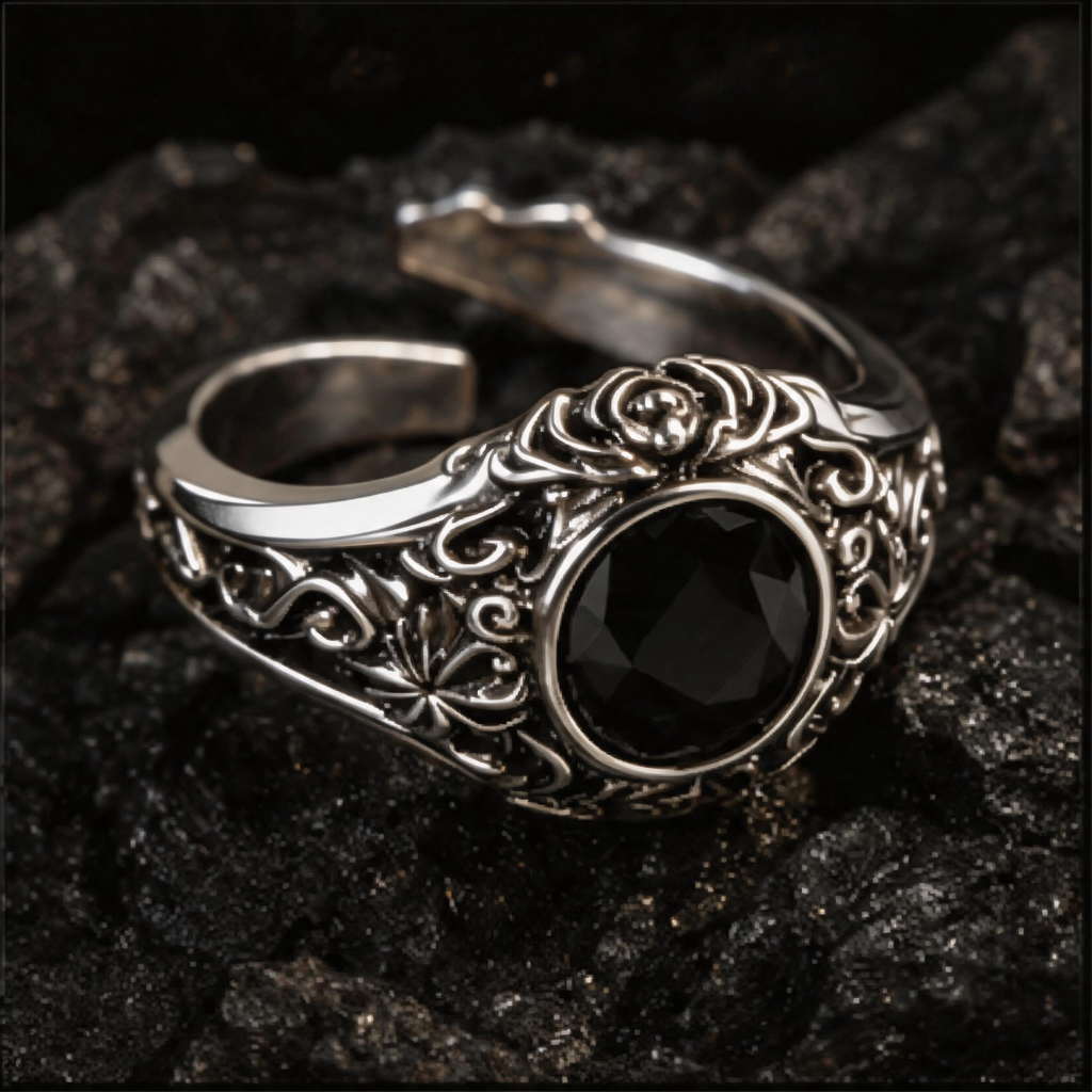 Yuuzo Black Gothic Gem Ring for Women Men, Vintage Punk Statement Ring, Dark Fantasy Jewelry, Adjustable Y2K Goth Accessories, Unisex Streetwear Fashion Ring Gift